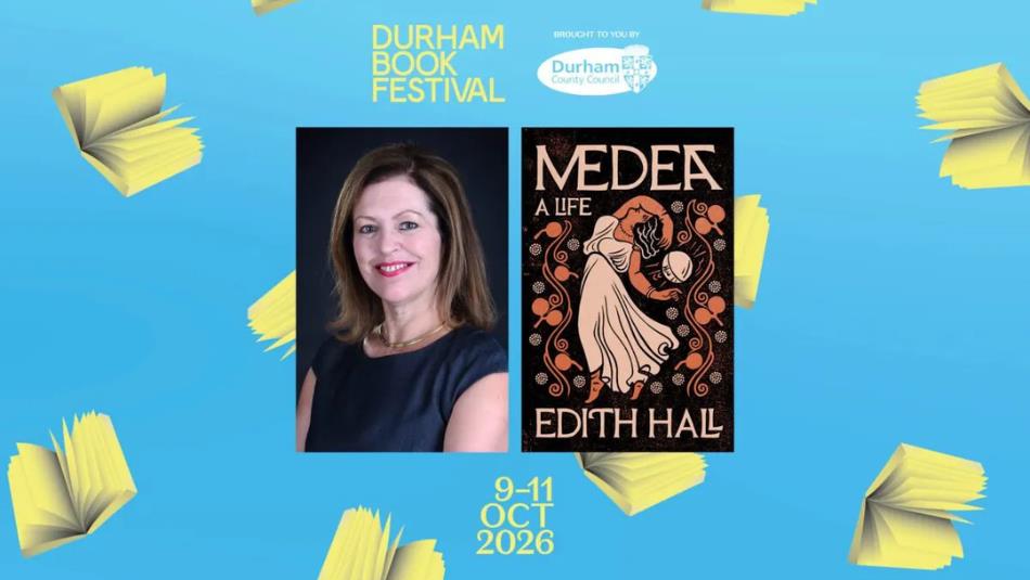 Author Edith Hall with her book Medea, on a blue background with cartoon books.