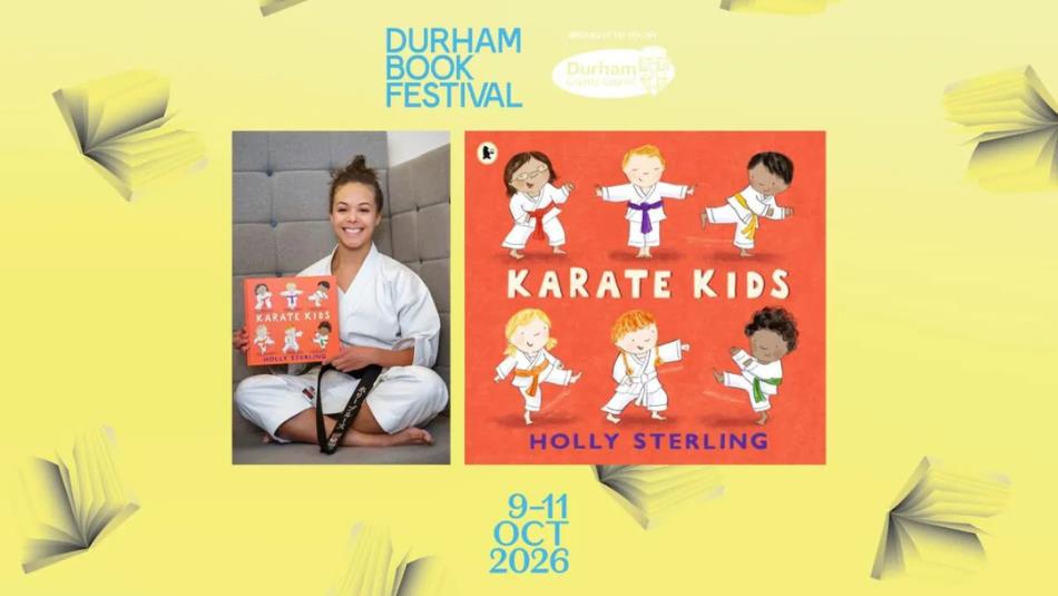 Holly Sterling with her book, Karate Kids, on a yellow background with cartoon books.