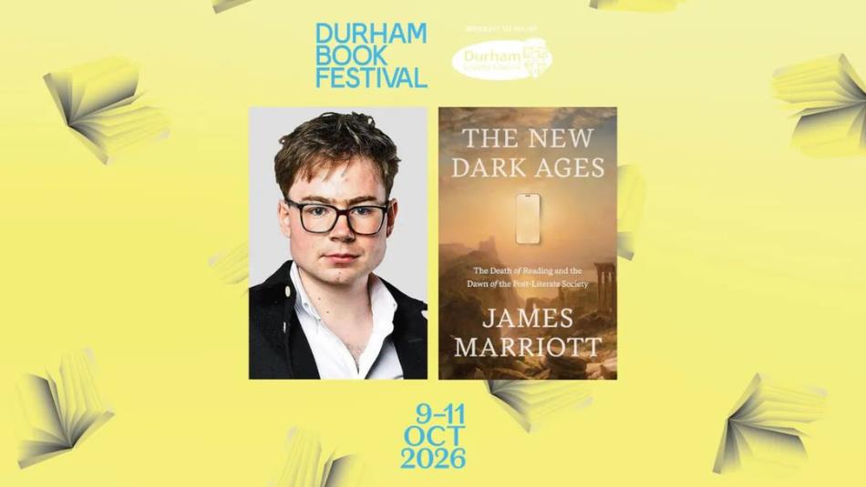 Author with their book on a yellow background.