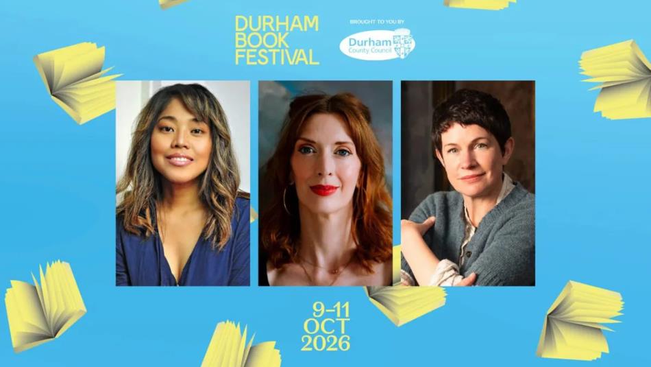 Three authors on a blue background surrounded by books.