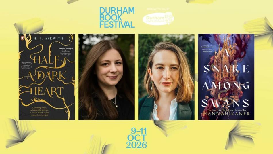 Two authors with their books on a yellow background