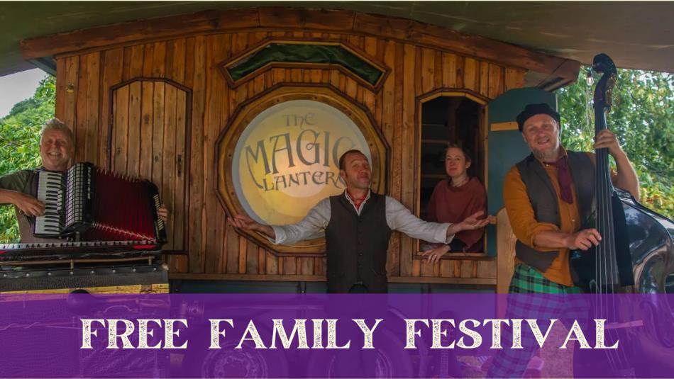 Four folk musicians on the 'Magic Lantern' stage.