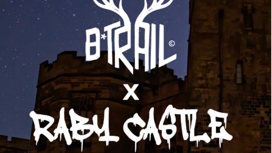 Raby Castle in the dark under a starry sky, with the logo 'B*Trail x Raby Castle'