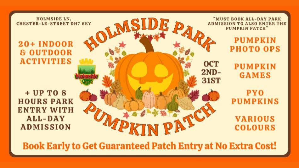 A smiling cartoon pumpkin surrounded by Holmside Park and valuable information.