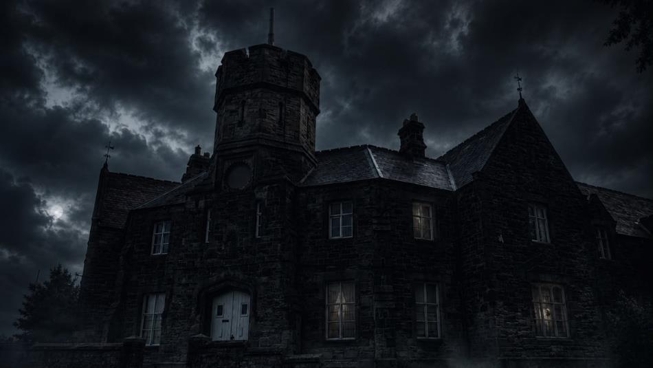 Vane Tempest Hall in gloomy weather, looming in the dark.