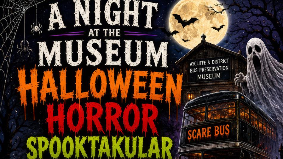 A spooky Halloween events poster for Aycliffe & District Bus Preservation Museum, decorated with ghosts, bats, spiders and a creepy bus under the full