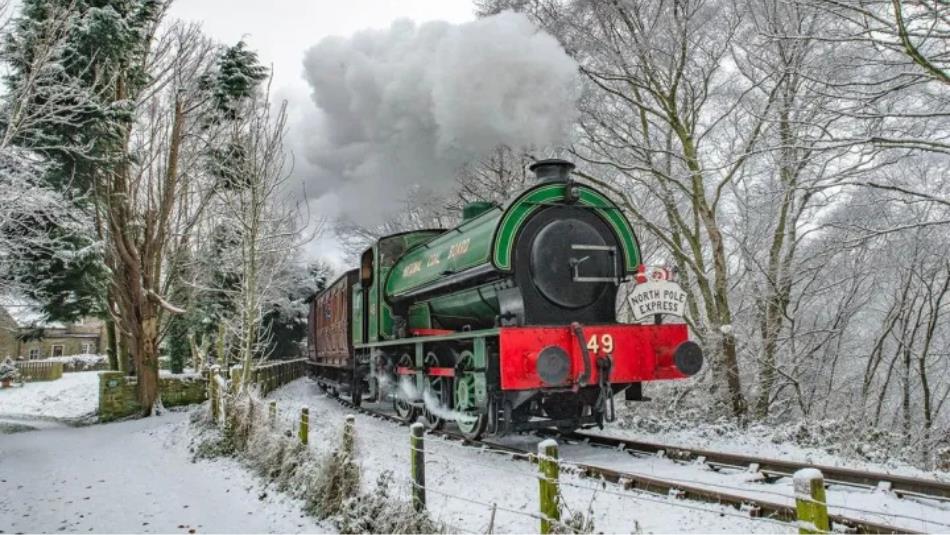 A green steam train in the snowy wilderness.