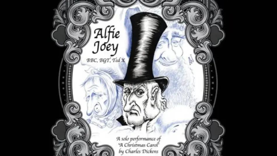 An illustrated poster for A Christmas Carol, with Scrooge in a top hat.