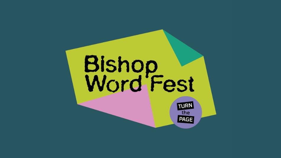 Poster for Bishop Word Fest, colourful abstract geometric shapes in the shape of a piece of paper on a dark green background.