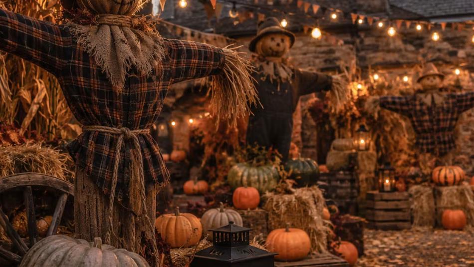 Scarecrows and pumpkins in a garden
