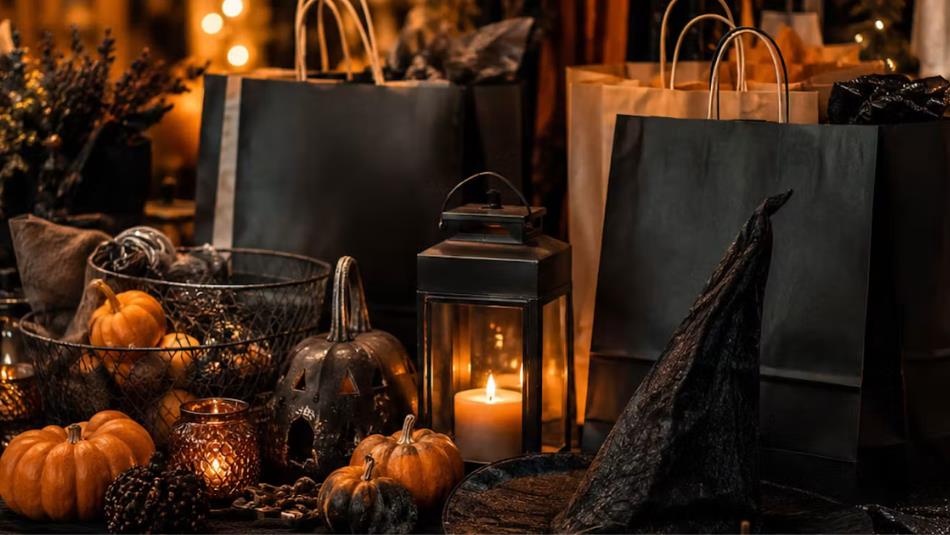 Spooky halloween shopping bags on a table of pumpkins and witch hats