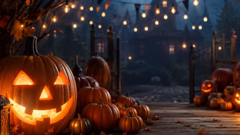 A halloween landscape, of pumpkins lined up along a spooky path in the dark.