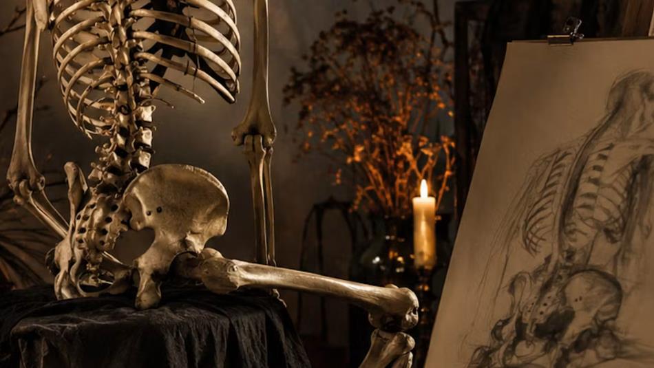 A skeleton sat in front of a drawing of a skeleton in a spooky room.