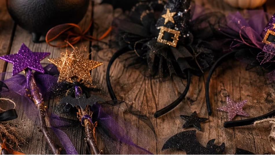 Childrens halloween accessories of witches hats and wands on a table.