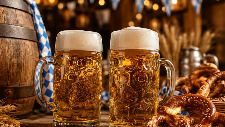 Two pints of beer next to a barrel in a traditional European-style pub