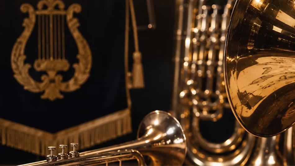 Various brass instruments lined up.