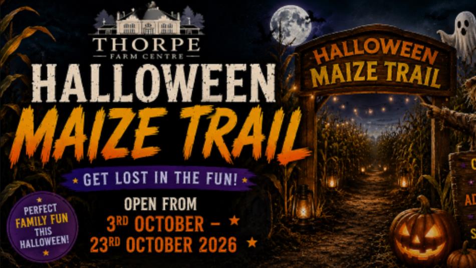 Poster for Thorpe Farm Centre's Halloween Maize Trail, with a spooky maze decorated with pumpkins, ghosts and scarecrows.