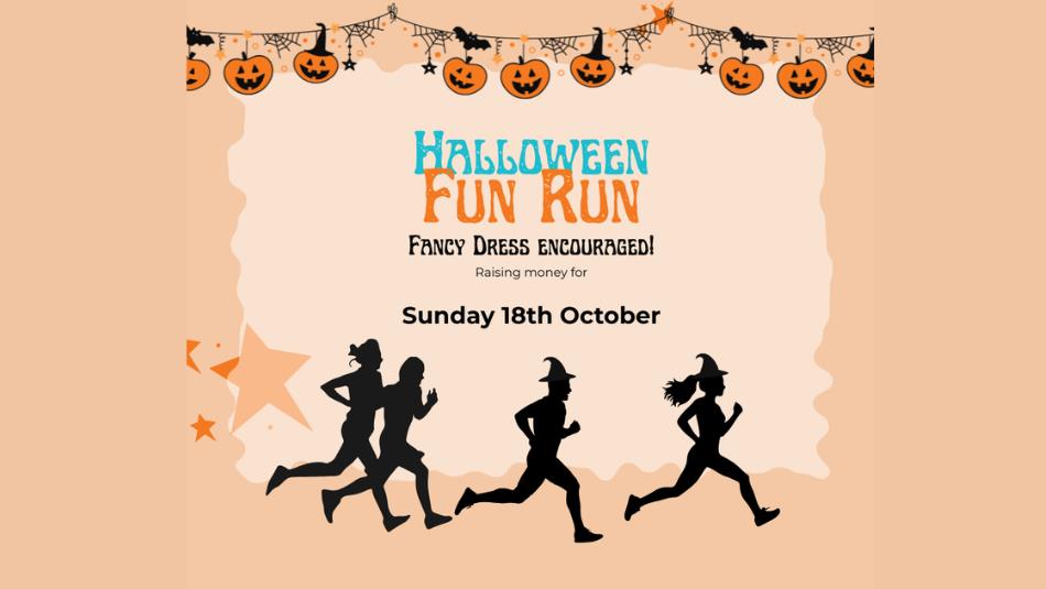 Cartoon silhouettes of runners with Halloween pumpkin decorations.