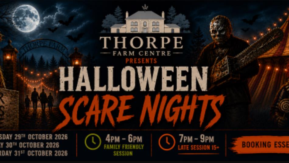 Poster for Halloween scare nights, decorated with horror characters and circus tents.