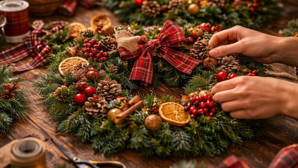 Hands tending to a Christmas wreath on the table.