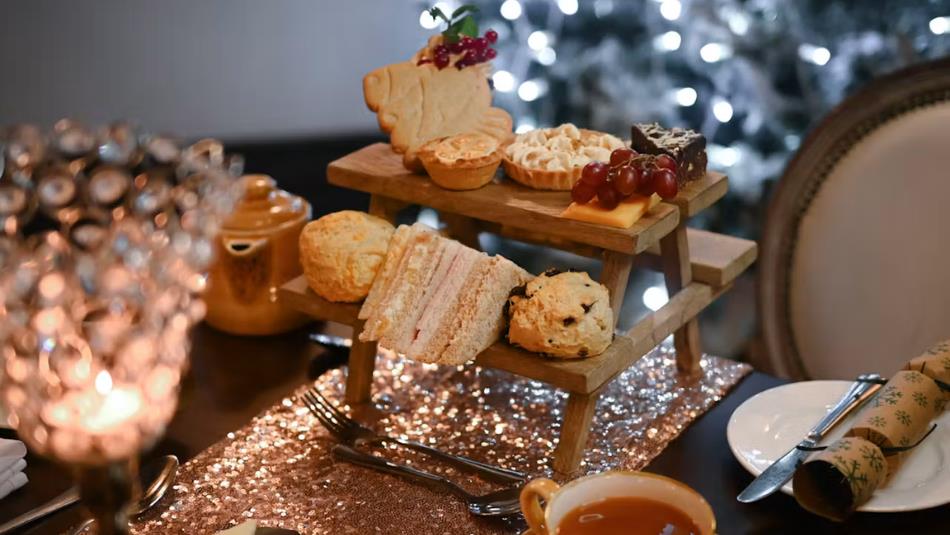 A festive afternoon tea spread.