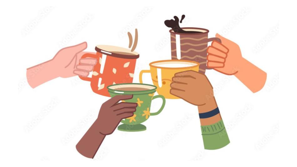 Merryoaks Community Hall Coffee Morning, four cartoon hands holding mugs of coffee and raising them to the middle.