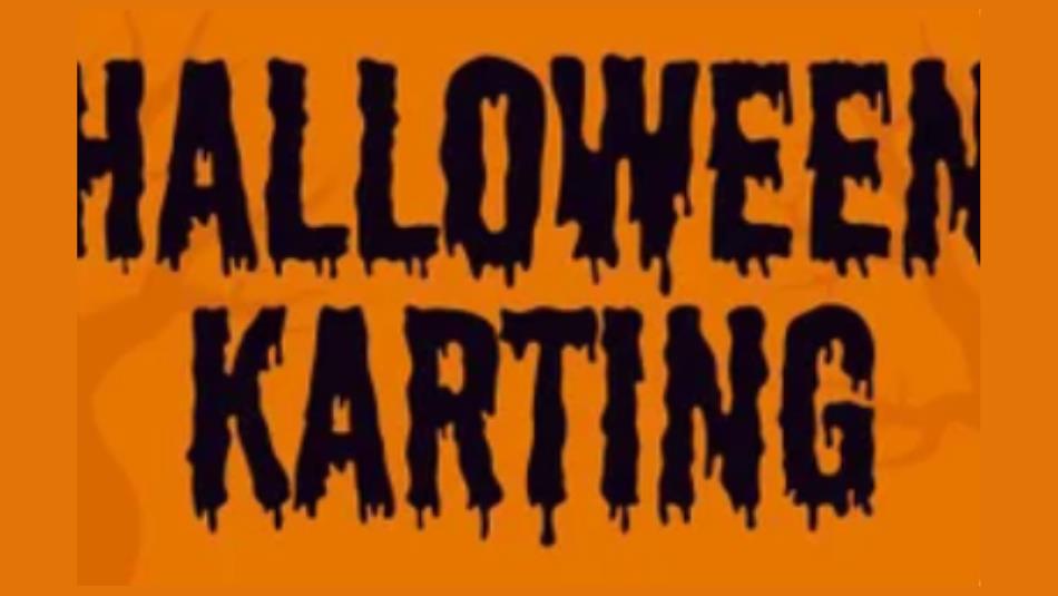 Spooky black font, 'Halloween Karting,' on an orange background.