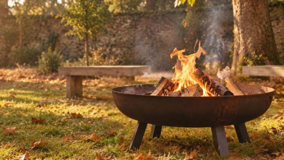 A small bonfire in an autumnal walled garden