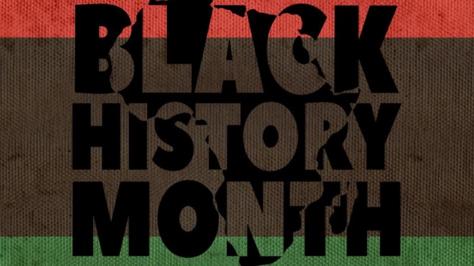 Text reads Black History Month, on a red, brown and green striped background.