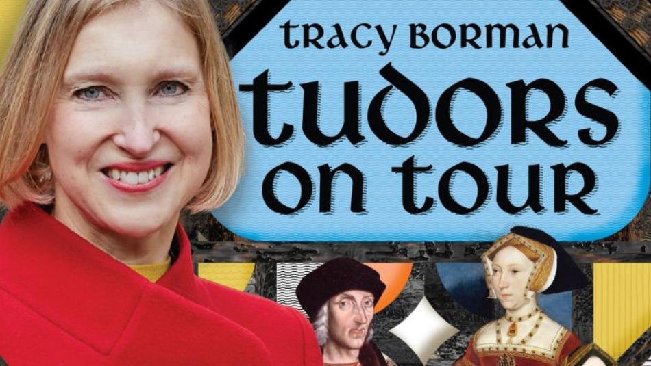 A person wearing a red top smiling to the left, the the title 'Tracy Borman, Tudors on Tour', with two Tudor-style paintings of notable people.