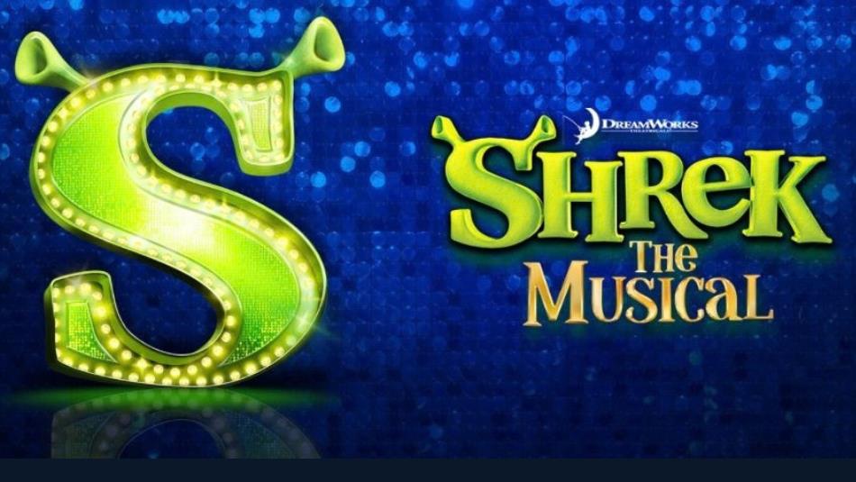 Green Shrek font, with a green 'S' with Shrek's ears, on a blue sequin background.
