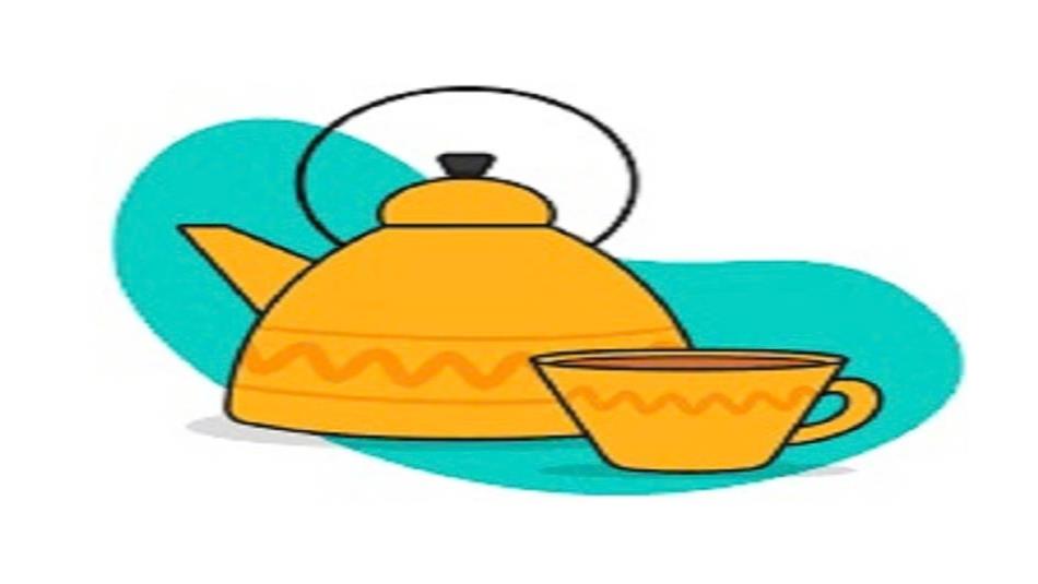 A cartoon image of a yellow teapot and mug with a light blue abstract shape behind it, on a white background.