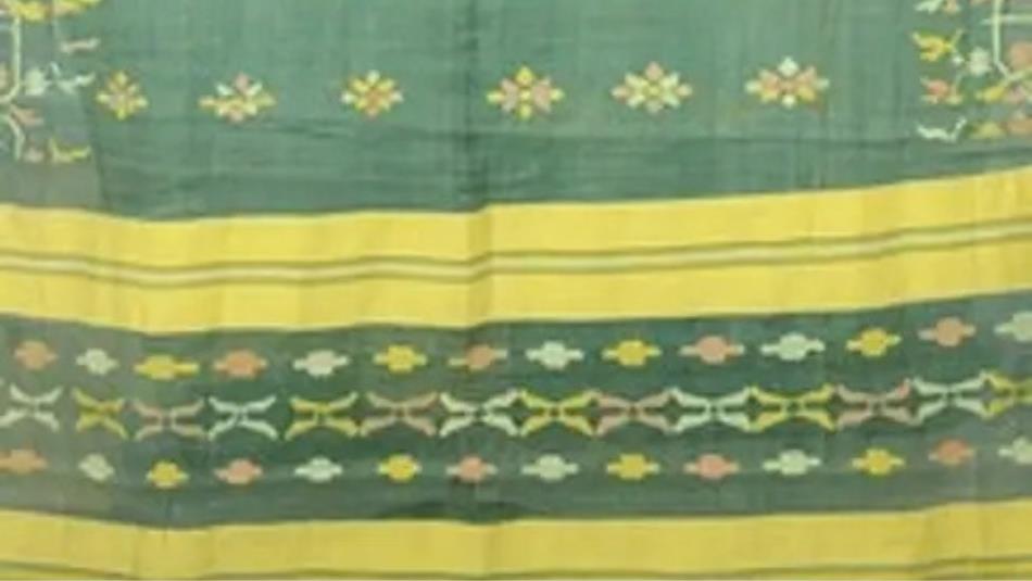A beautiful saris with a green and yellow pattern.