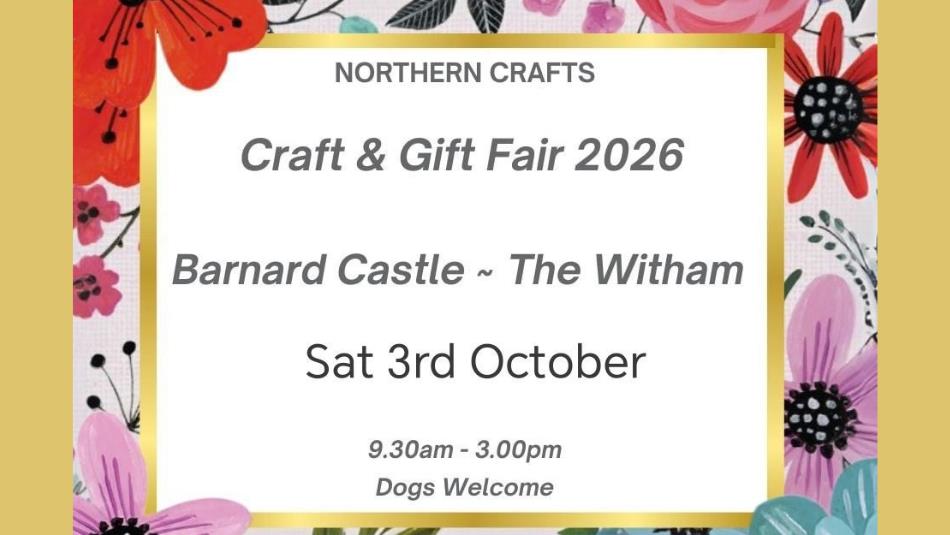 Poster for The Witham craft fair, with a golden border and floral background.