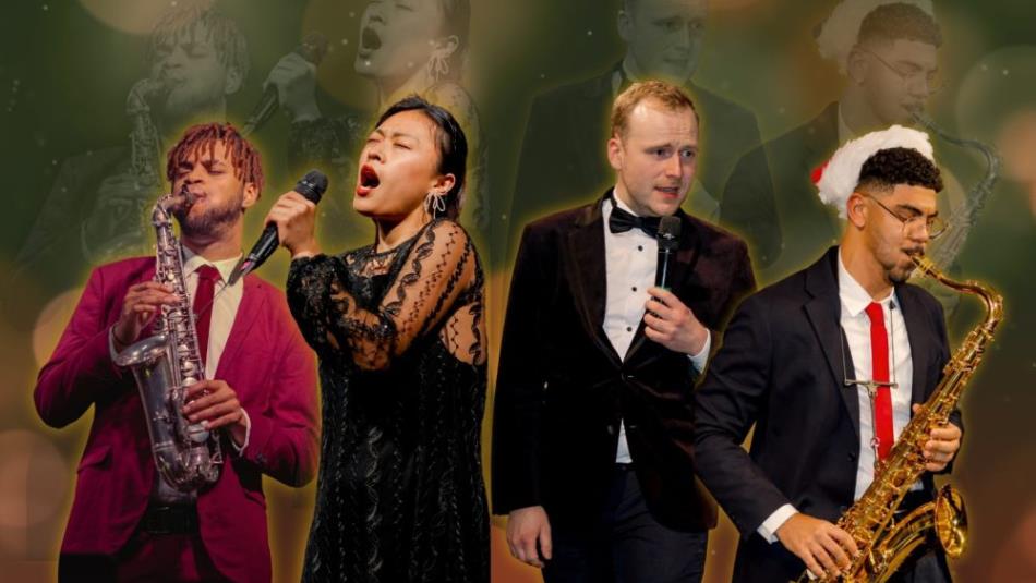 Four jazz performers with microphones and saxophone, one is wearing a Santa hat.