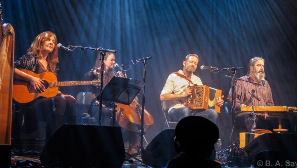 Four musicians sat on a dark stage, holding a variety of folk instruments.