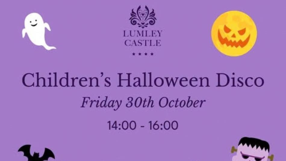A lilac poster for Lumley Castle's Children's Halloween Disco, decorated with a cartoon bat, ghost, Frankenstein's Monster and a spooky full moon.
