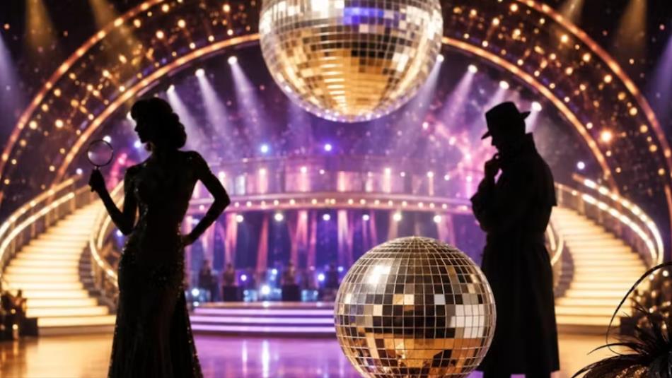 Two silhouetted detective figures on a glittery ballroom floor.