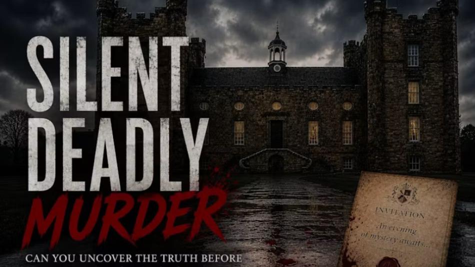 A sinister stone building in the dark, the text reads 'Silent Deadly Murder, Can you uncover the truth before.'