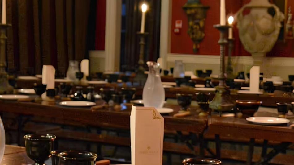 A medieval banquet hall with candle holders and wooden benches.