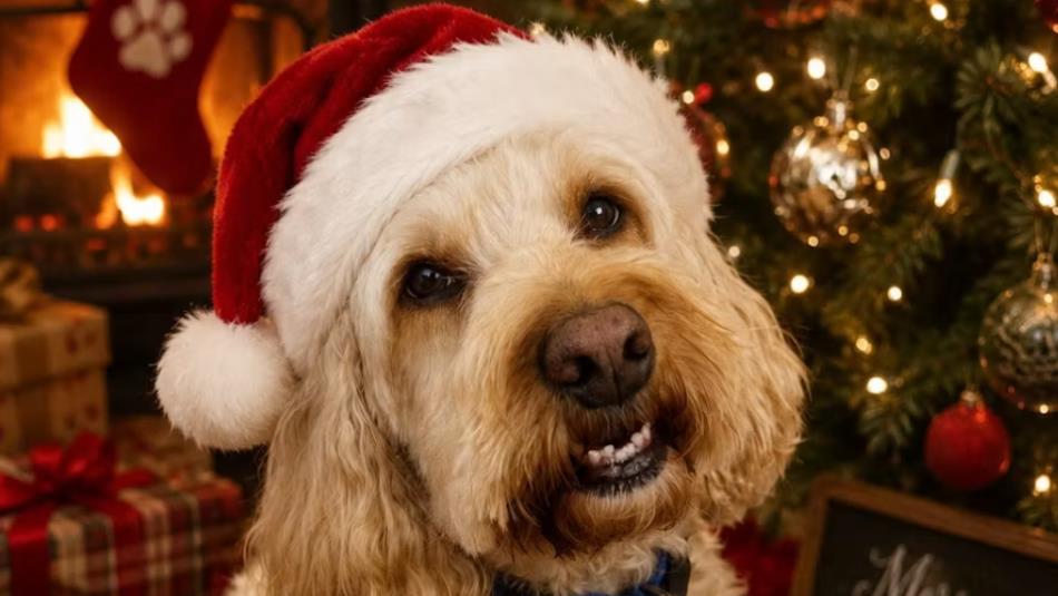A small cream coloured dog wearing a Santa hat in front of a cosy fire place and a Christmas tree.