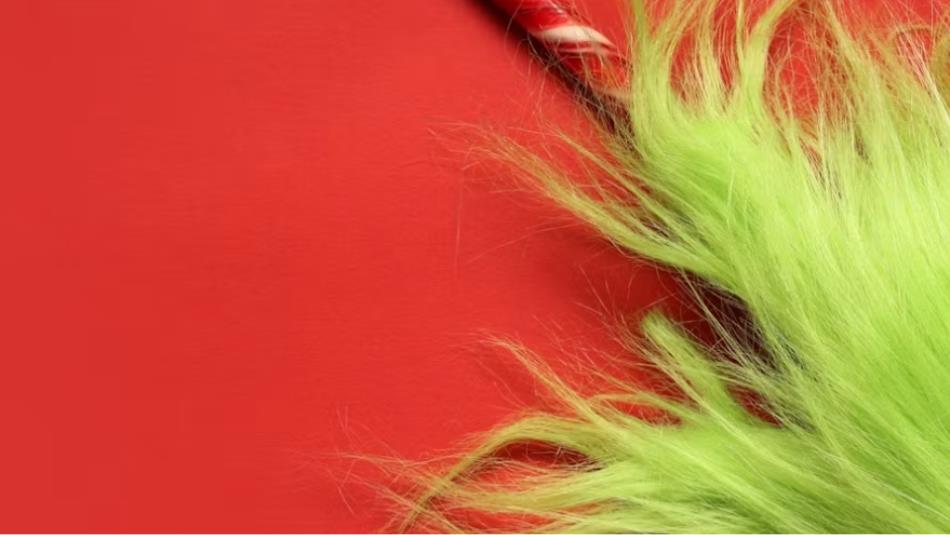 Bright green fur holding a red candy cane against a red background.