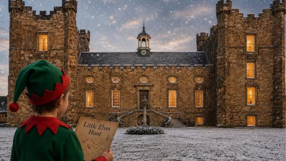 A festive view of a historical stone house, in the snow with a small festive elf looking up to the house.