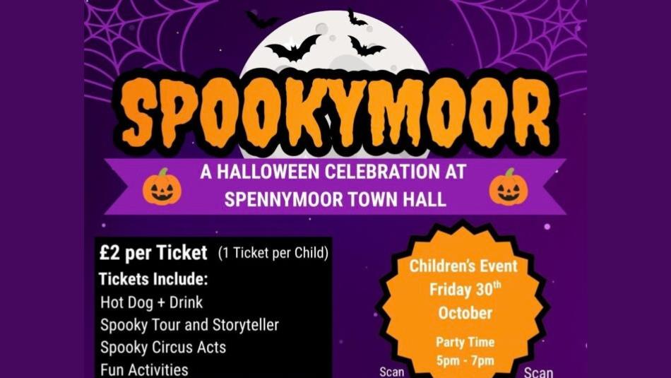 Halloween poster for 'Spookymoor,' in a sinister orange font on a purple background, decorated with bats. pumpkins and cobwebs.