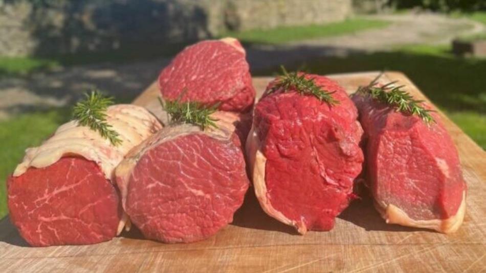 Meat on a wooden board in a garden setting