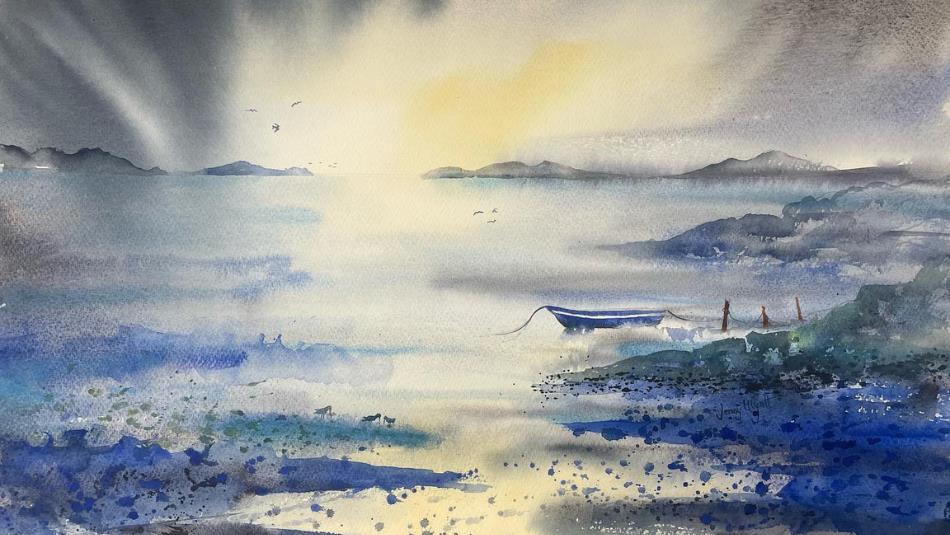 A watercolour landscape of a boat docked in the sea