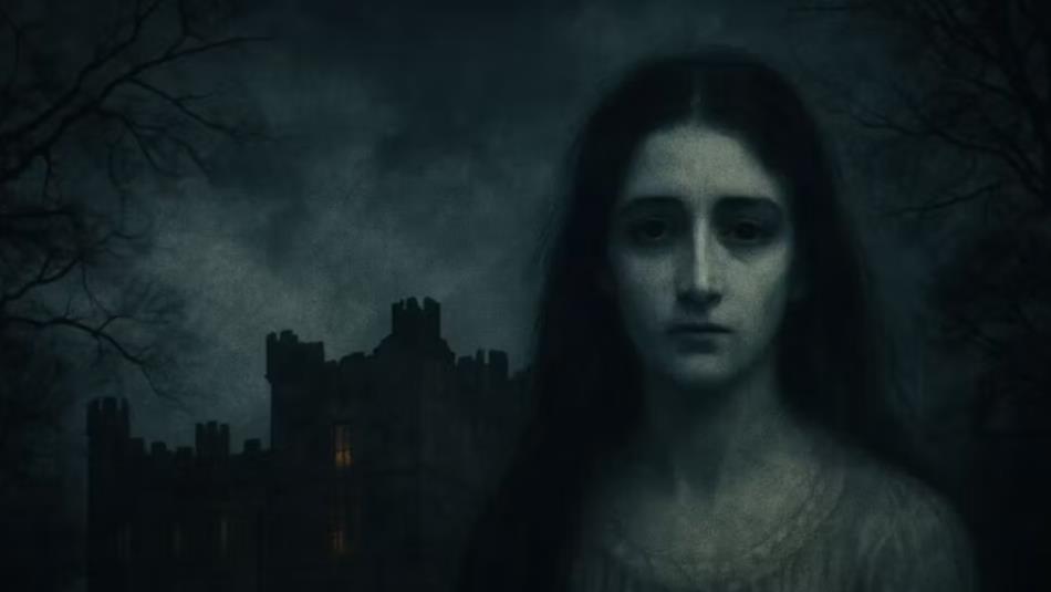 A sinister painting of a ghostly figure in front of a dark castle.