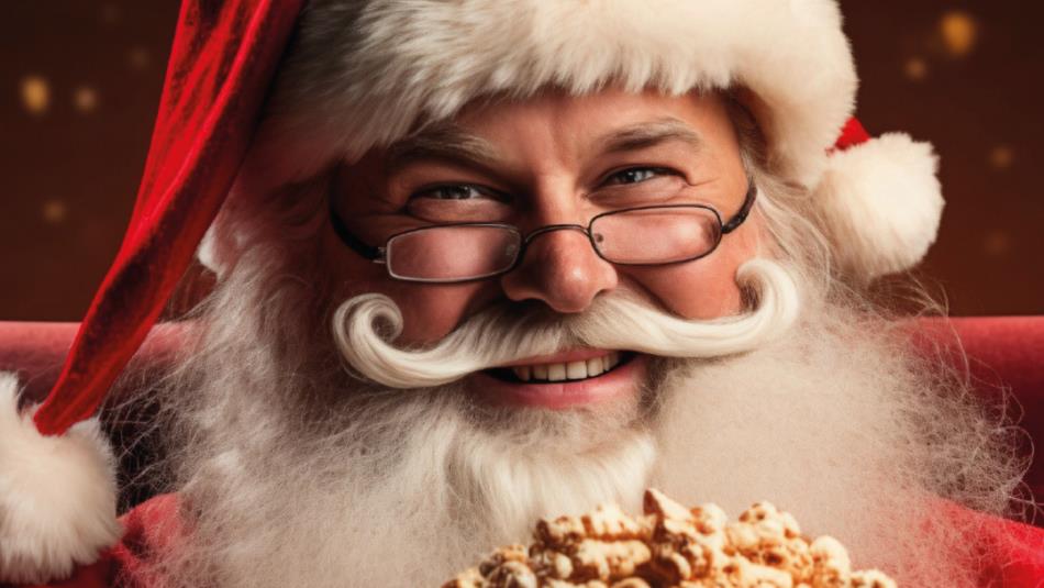 A close up image of Santa smiling with a bucket of popcorn.