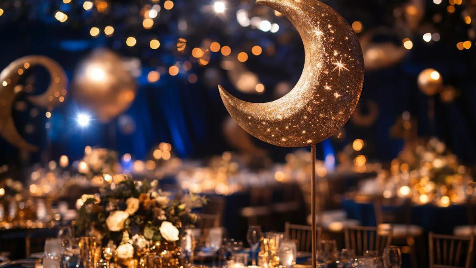 Tables decorated for a lavish star themed party.