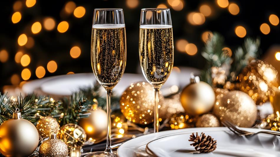 A festive table spread, with gold baubles and pine needles.